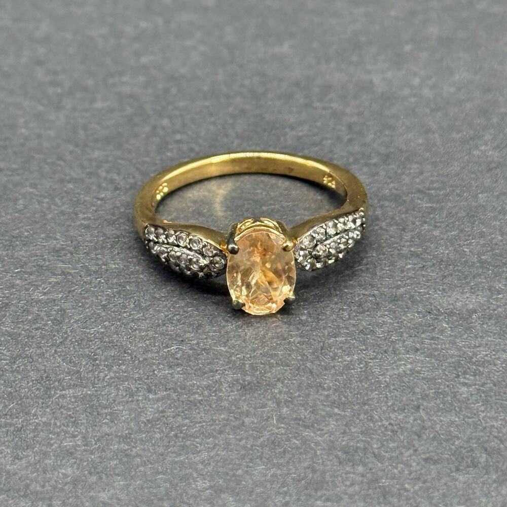 STS Signed 925 Sterling Silver Gold-Tone Champagne CZ Oval Cocktail Ring Sz 7